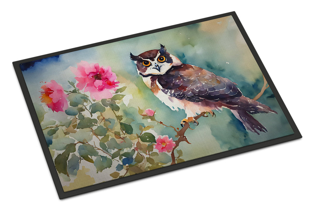 Spectacled Owl Perched with Pink Flowers Doormat Indoor Outdoor 18H X 27W Front Door Mat Rugs for Entryway, Non Slip Washable