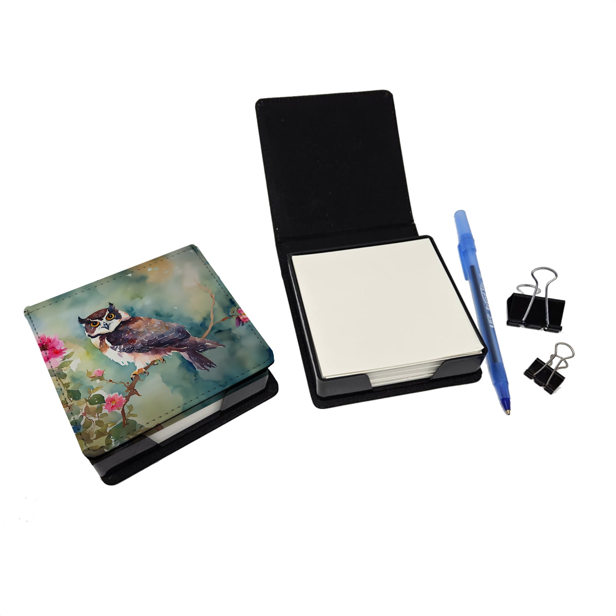 Spectacled Owl Perched with Pink Flowers PU Leather Note Paper Holder with Artist-Designed Cover, Desk Accessory, Office Gift