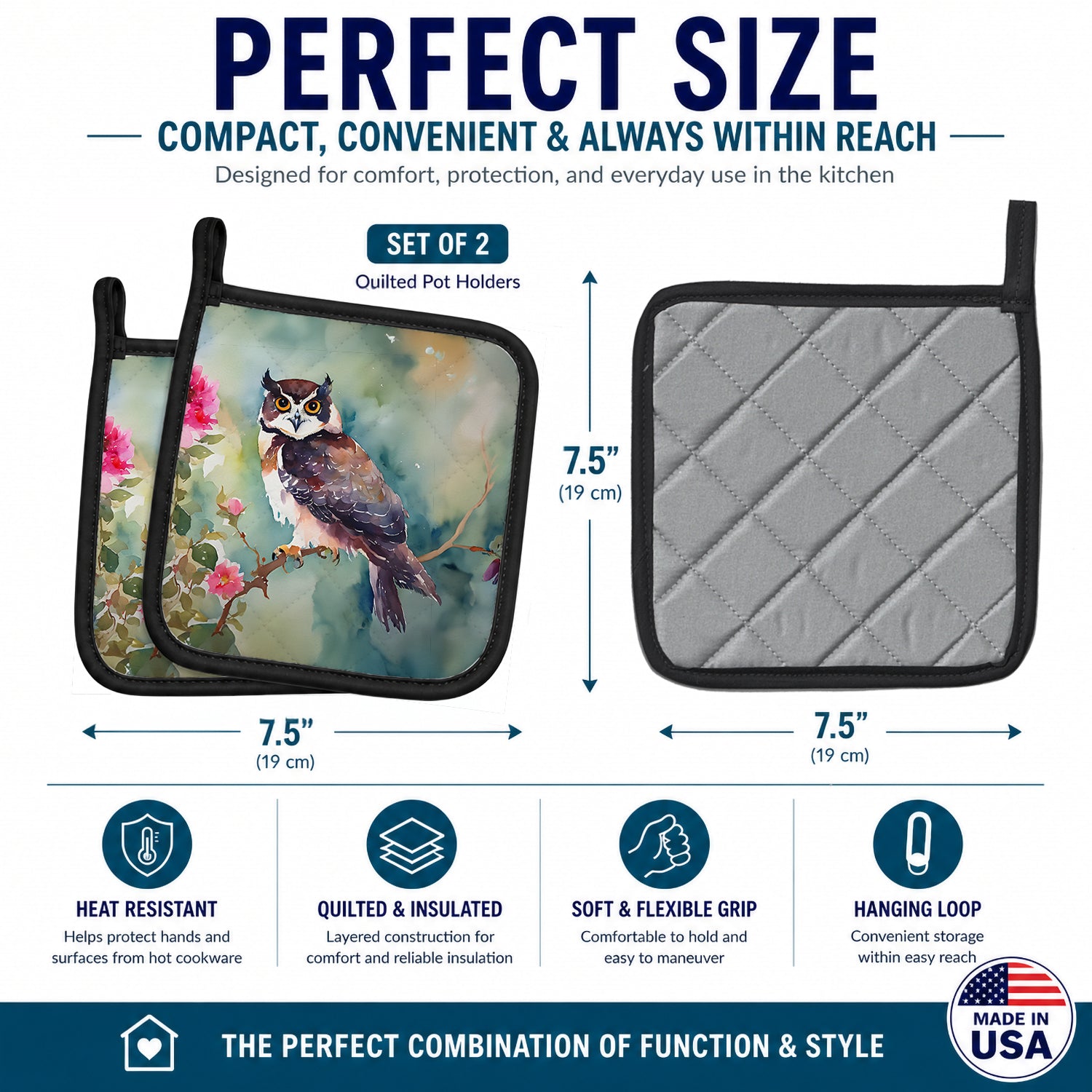 Spectacled Owl Perched with Pink Flowers Pot Holder Set of 2 Heat Resistant Quilted Hot Pads 7.5 x 7.5 Inch, Insulated Kitchen Trivets for Cooking & Baking