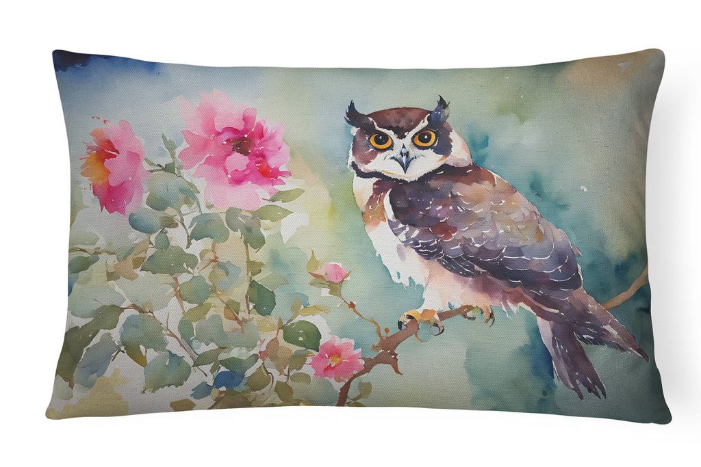 Spectacled Owl Perched with Pink Flowers Decorative Throw Pillow 12x16 Indoor Outdoor Accent Cushion, Fabric Cover with Insert for Sofa, Bed, Porch & Living Room
