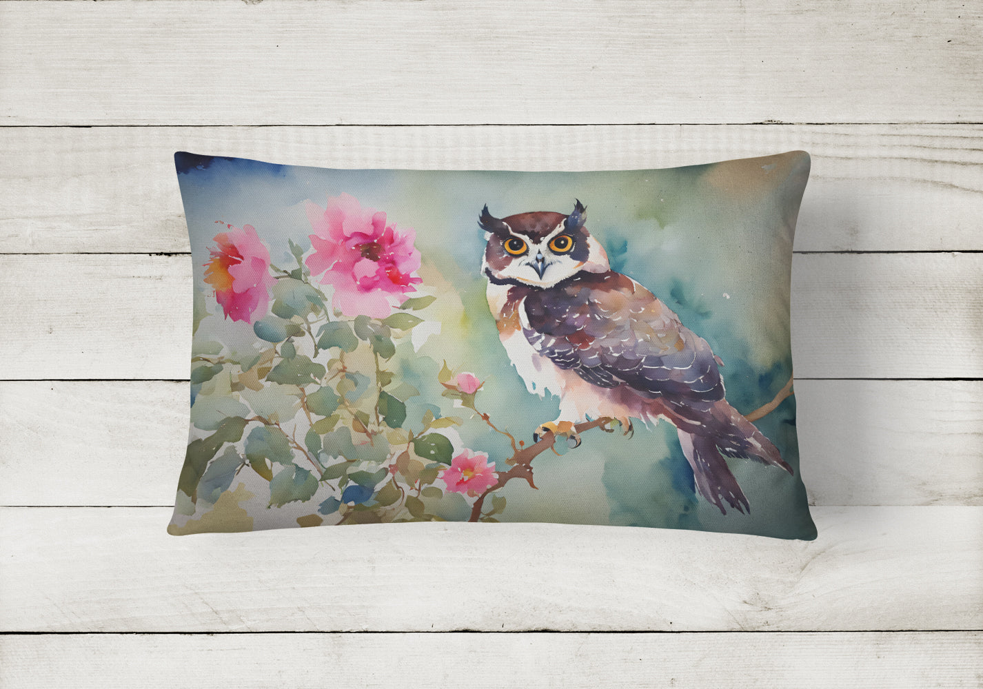 Spectacled Owl Perched with Pink Flowers Decorative Throw Pillow 12x16 Indoor Outdoor Accent Cushion, Fabric Cover with Insert for Sofa, Bed, Porch & Living Room