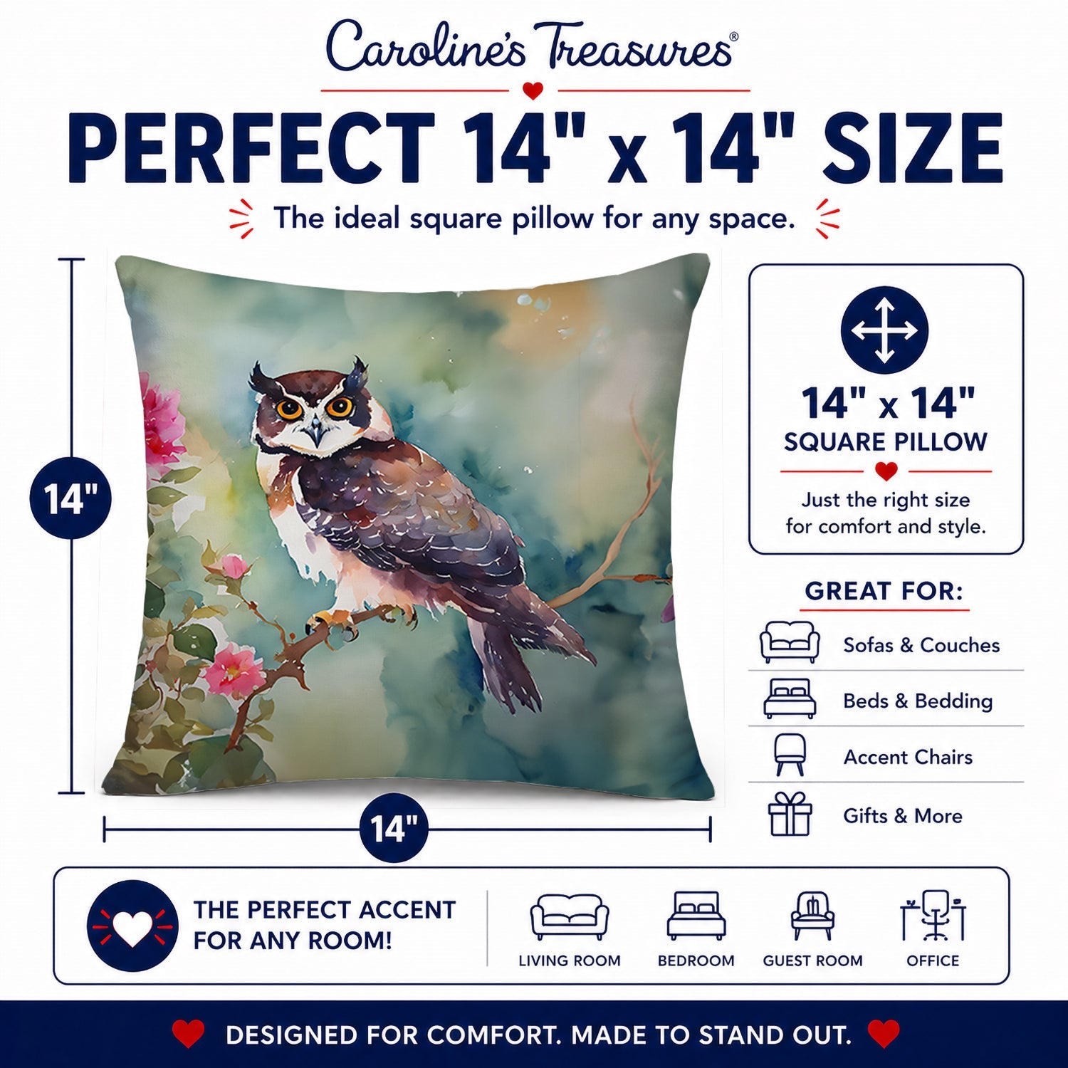 Spectacled Owl Perched with Pink Flowers Decorative Throw Pillow 14x14 Indoor Outdoor Accent Cushion, Fabric Cover with Insert for Sofa, Bed, Porch & Living Room