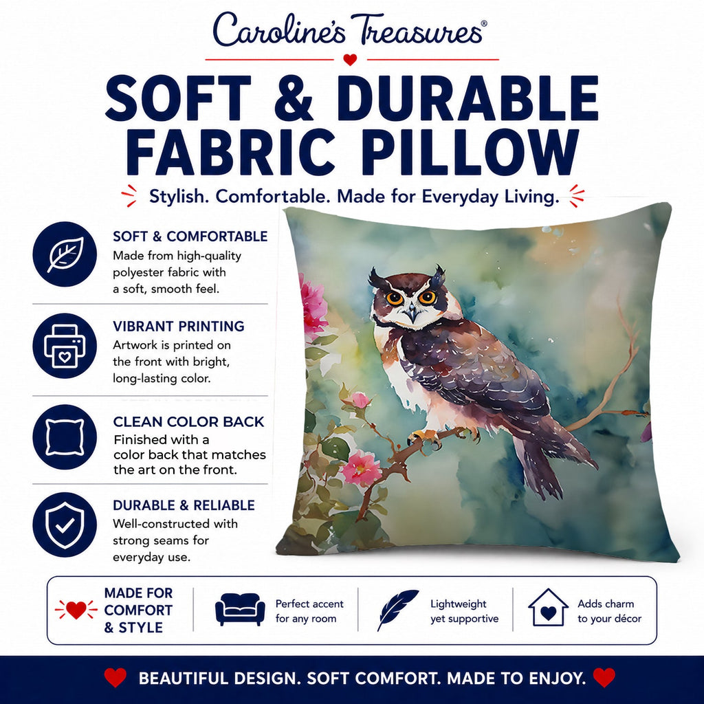 Spectacled Owl Perched with Pink Flowers Decorative Throw Pillow 18x18 Indoor Outdoor Accent Cushion, Fabric Cover with Insert for Sofa, Bed, Porch & Living Room