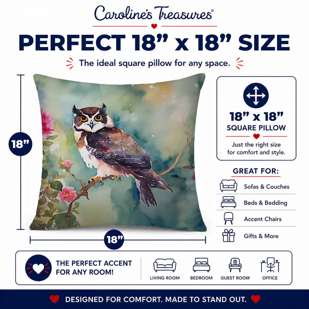 Spectacled Owl Perched with Pink Flowers Decorative Throw Pillow 18x18 Indoor Outdoor Accent Cushion, Fabric Cover with Insert for Sofa, Bed, Porch & Living Room