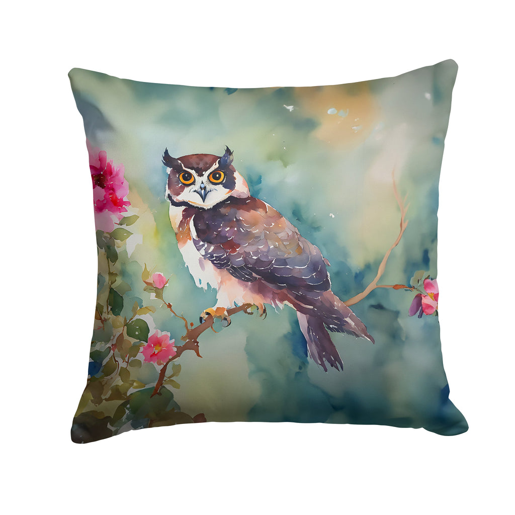 Spectacled Owl Perched with Pink Flowers Decorative Throw Pillow 18x18 Indoor Outdoor Accent Cushion, Fabric Cover with Insert for Sofa, Bed, Porch & Living Room