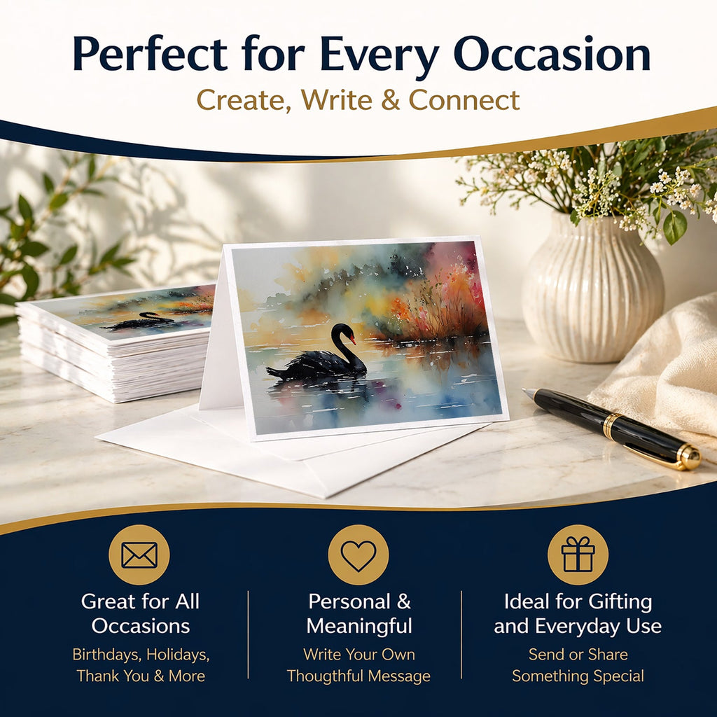 Black Swan Swimming Calm Water Greeting Cards Pack of 8 Blank Cards with Envelopes Whimsical A7 Size 5x7