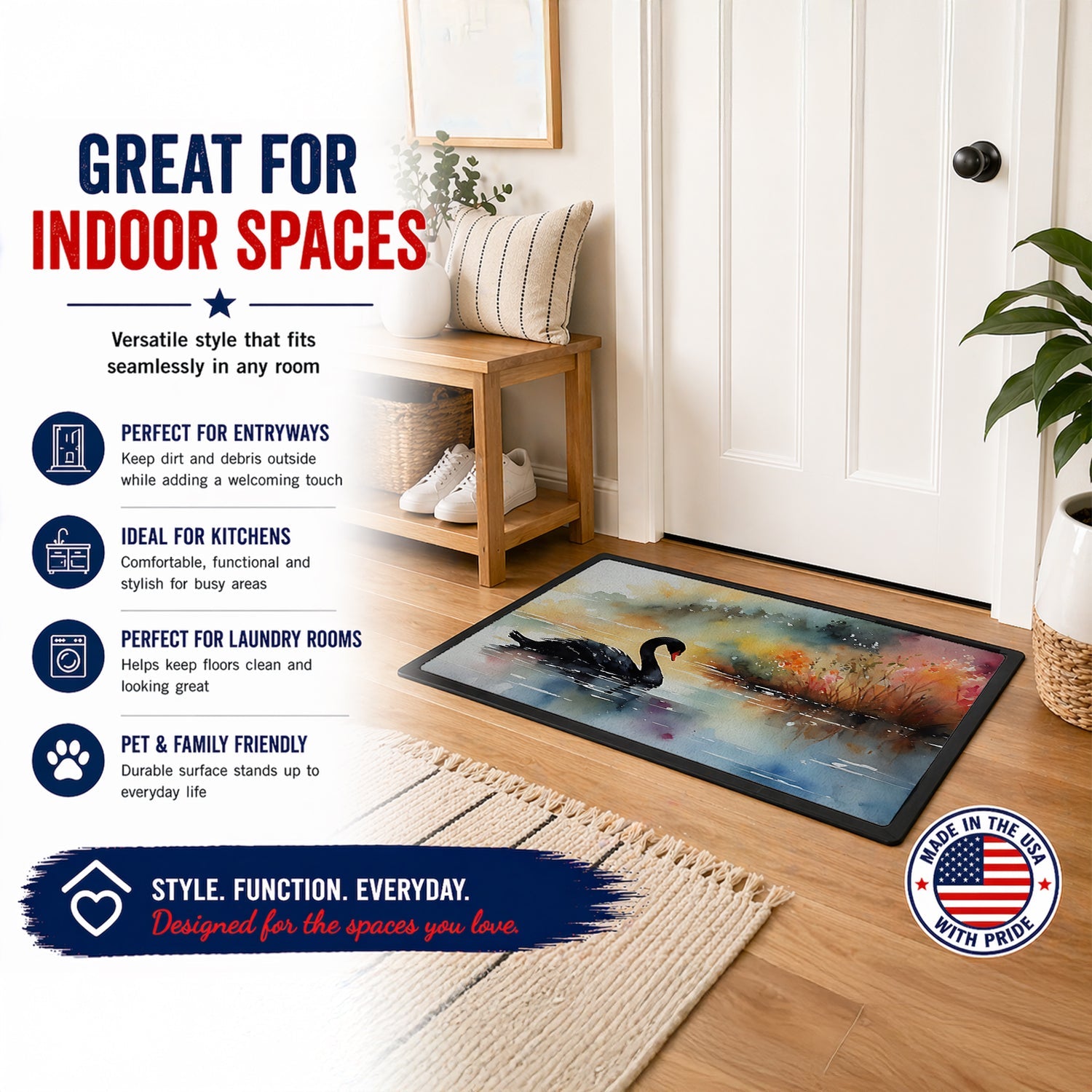 Black Swan Swimming Calm Water Doormat Indoor Outdoor 24H X 36W Front Door Mat Rugs for Entryway, Non Slip Washable Low Pile,