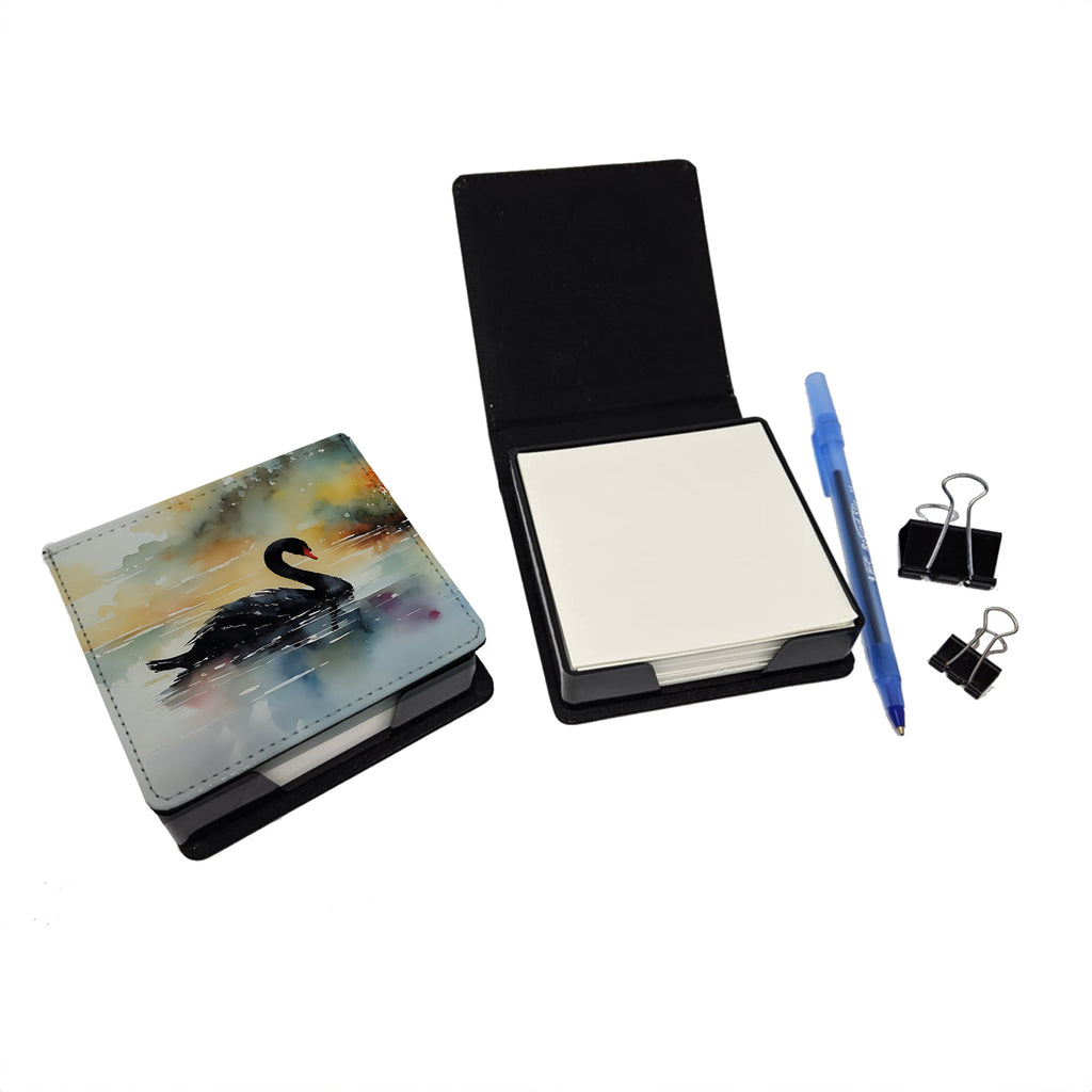 Black Swan Swimming Calm Water PU Leather Note Paper Holder with Artist-Designed Cover, Desk Accessory, Office Gift