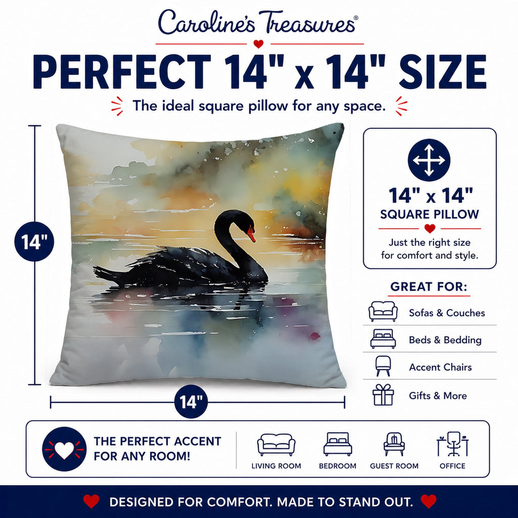 Black Swan Swimming Calm Water Decorative Throw Pillow 14x14 Indoor Outdoor Accent Cushion, Fabric Cover with Insert for Sofa, Bed, Porch & Living Room