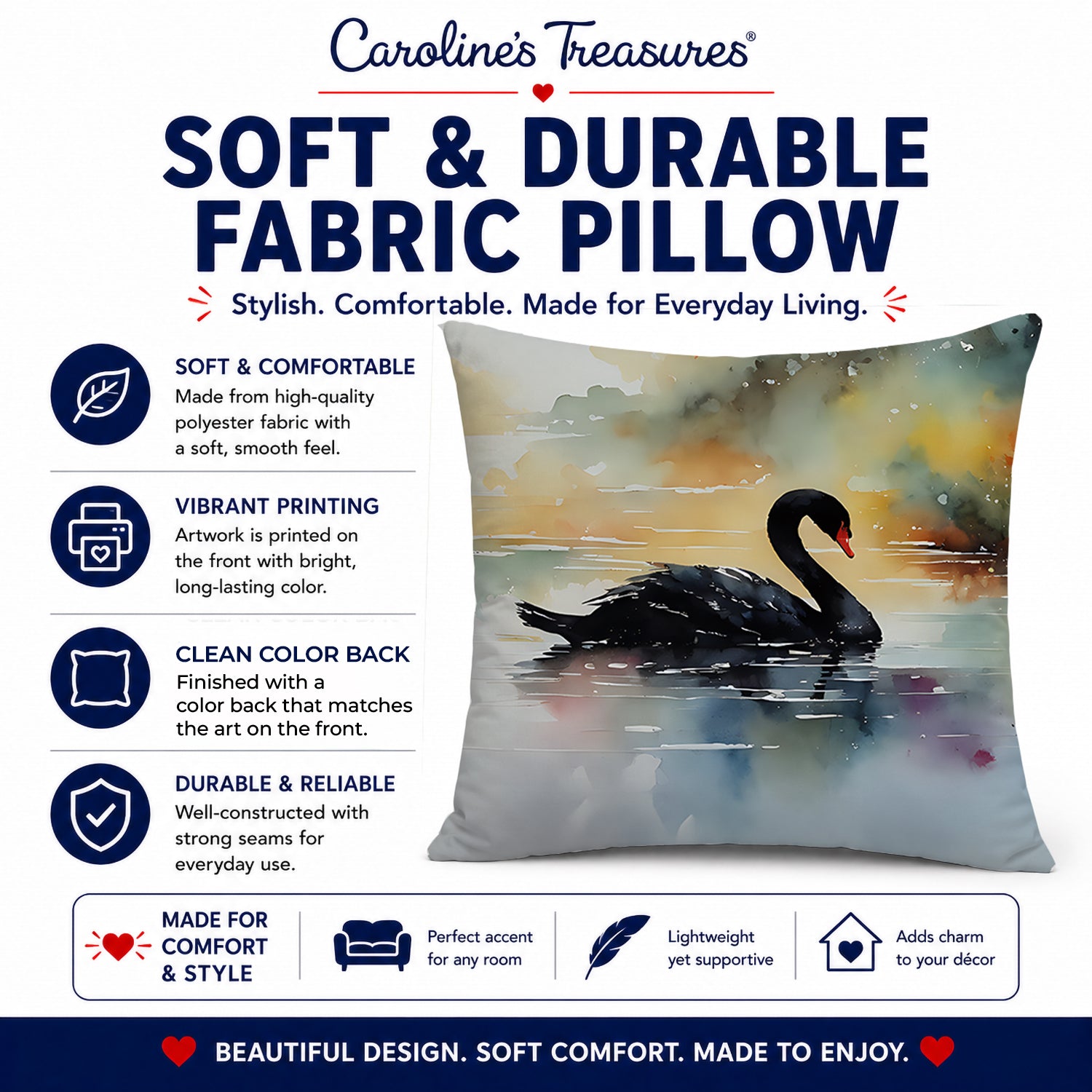 Black Swan Swimming Calm Water Decorative Throw Pillow 18x18 Indoor Outdoor Accent Cushion, Fabric Cover with Insert for Sofa, Bed, Porch & Living Room
