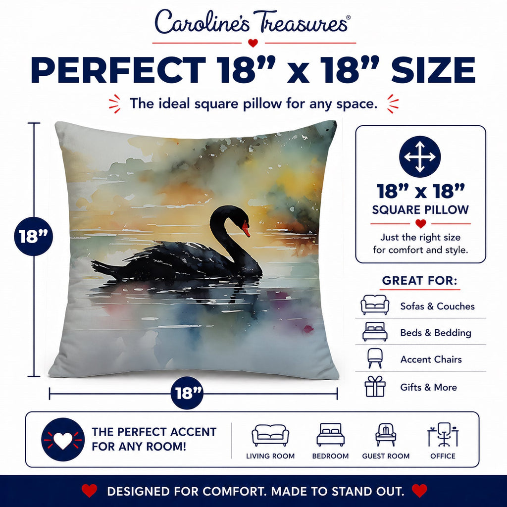 Black Swan Swimming Calm Water Decorative Throw Pillow 18x18 Indoor Outdoor Accent Cushion, Fabric Cover with Insert for Sofa, Bed, Porch & Living Room