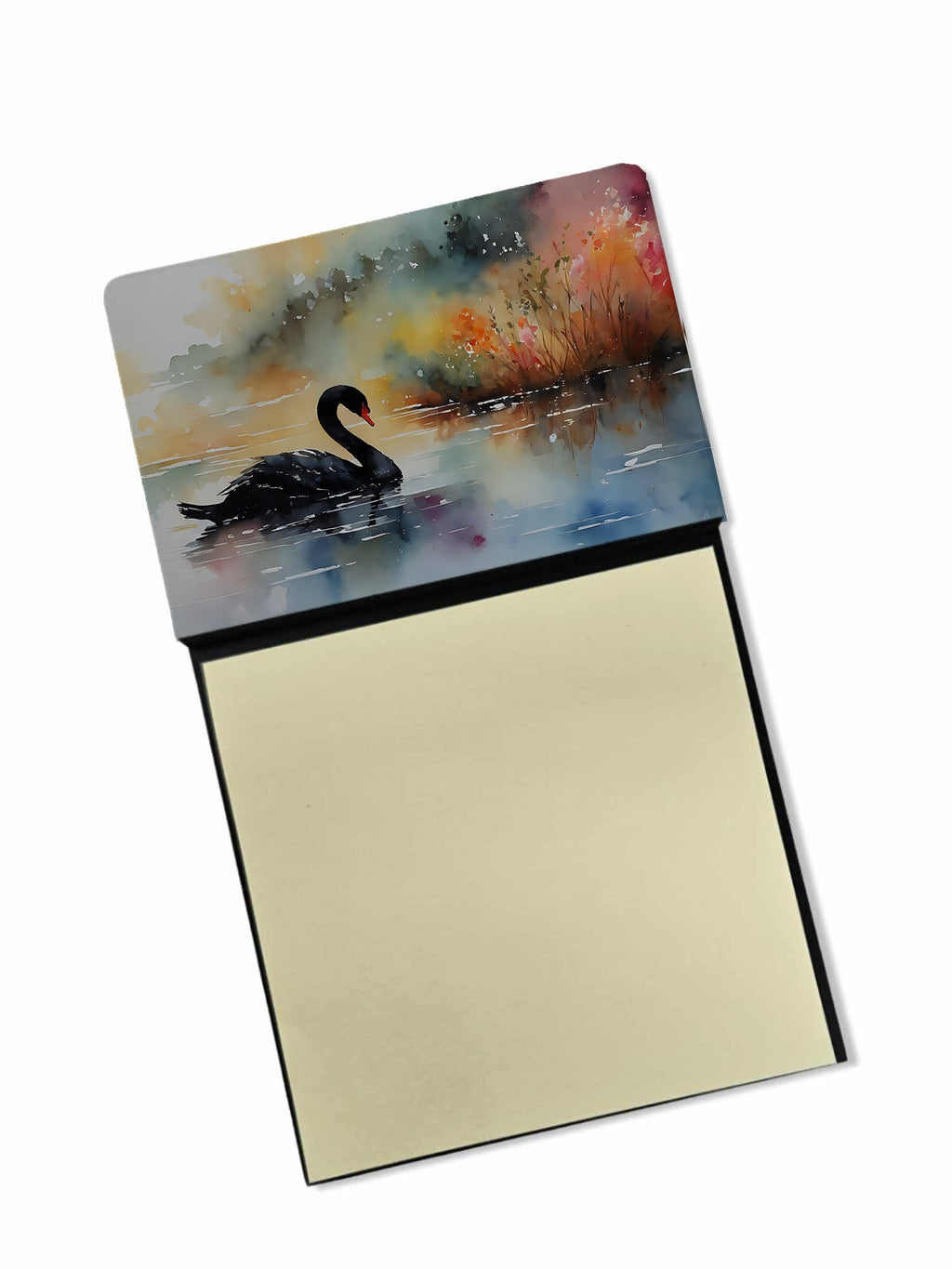 Black Swan Swimming Calm Water Watercolor Sticky Note Holder Refillable Dispenser Desk Accessory 3x3 Pad Gift