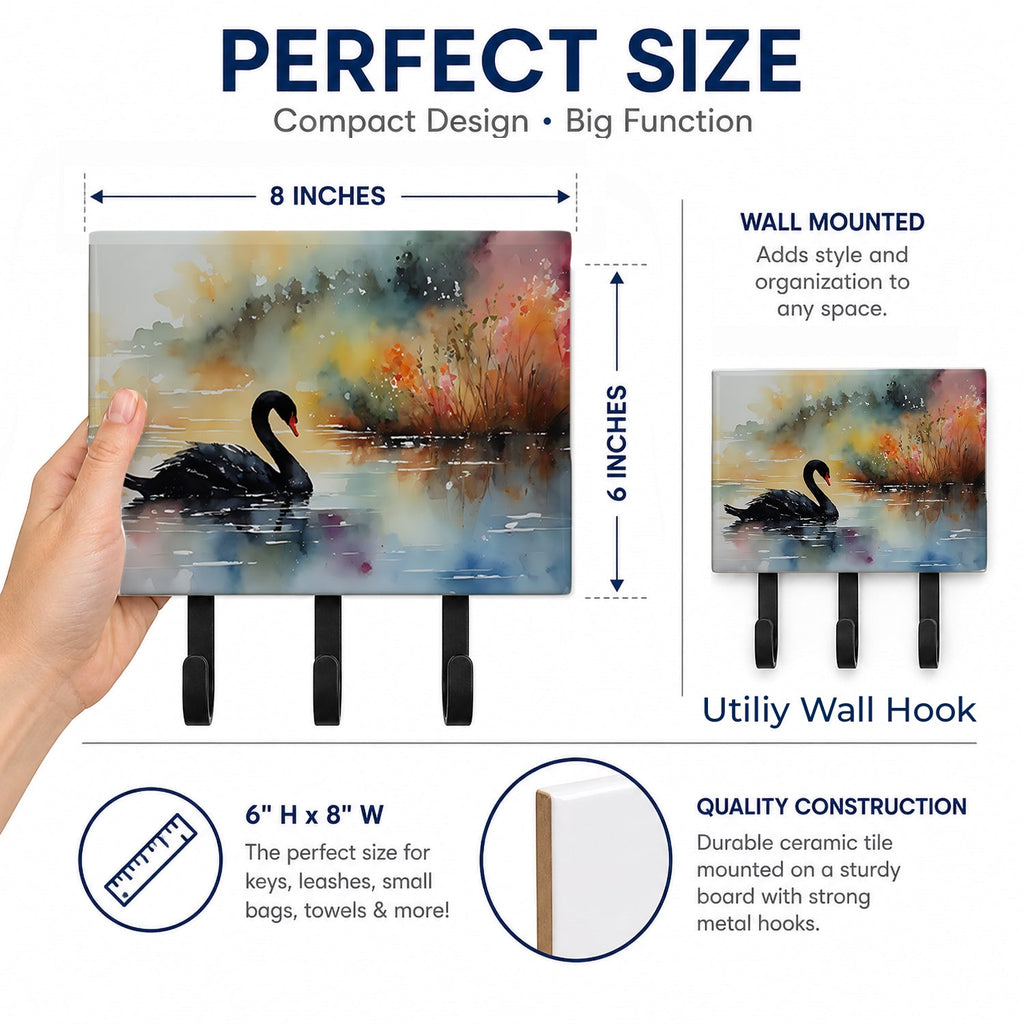 Black Swan Swimming Calm Water Leash or Key Holder Wall Hooks, Coat Rack Wall Mount, for Hanging Keys, Towels, Aprons, Leashes