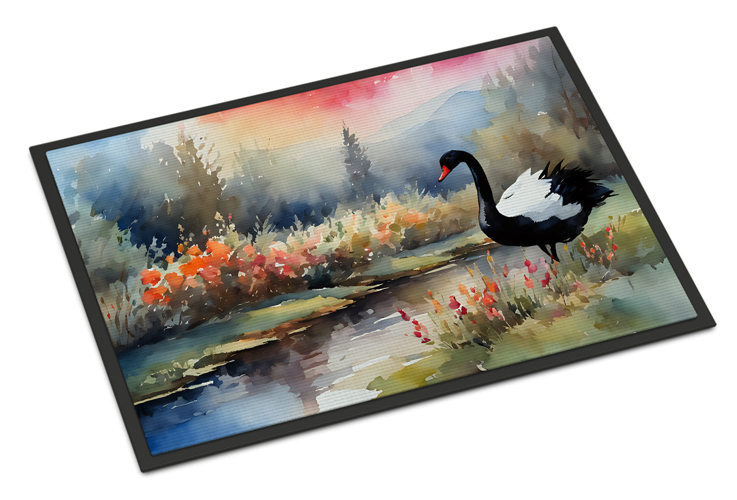 Black Swan Lake Scene Landscape Doormat Indoor Outdoor 18H X 27W Front Door Mat Rugs for Entryway, Non Slip Washable