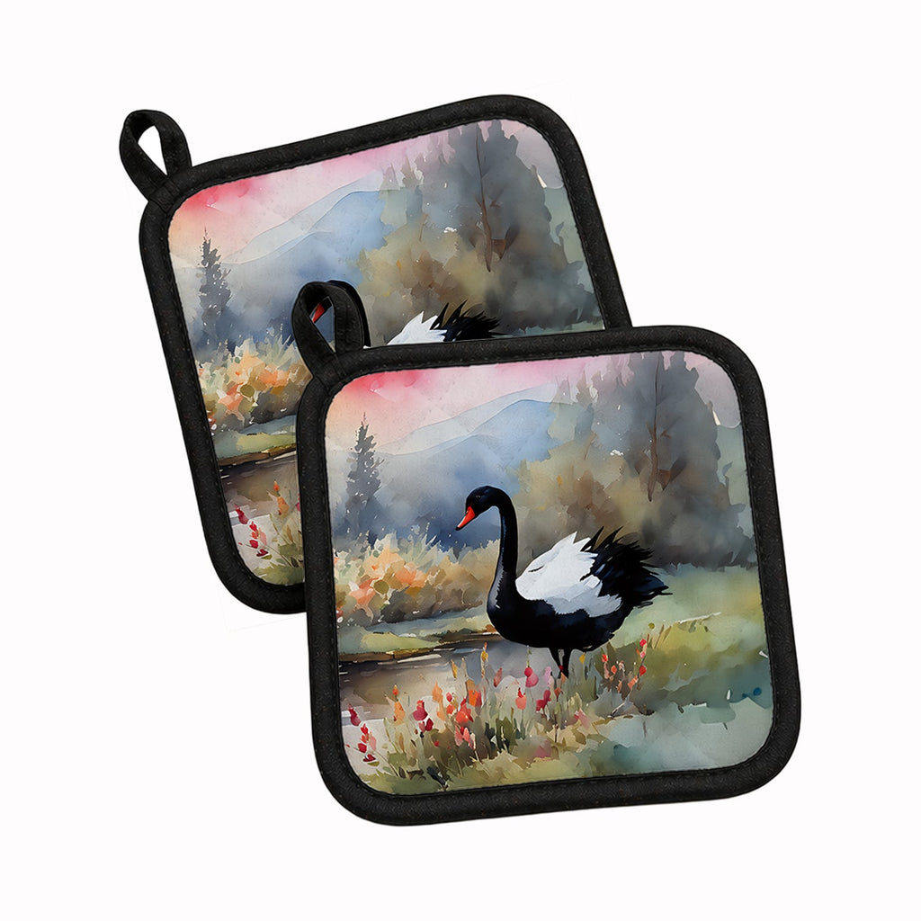 Black Swan Lake Scene Landscape Pot Holder Set of 2 Heat Resistant Quilted Hot Pads 7.5 x 7.5 Inch, Insulated Kitchen Trivets for Cooking & Baking