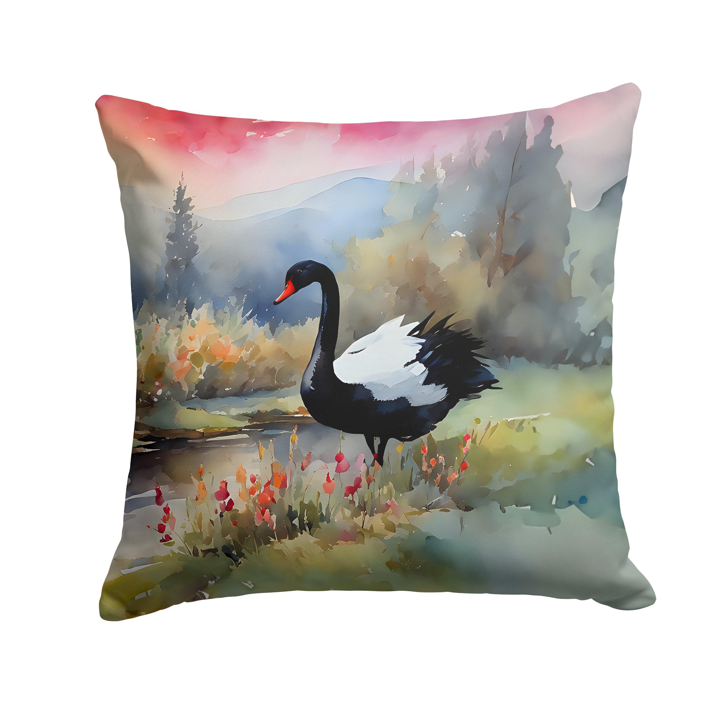 Black Swan Lake Scene Landscape Decorative Throw Pillow 14x14 Indoor Outdoor Accent Cushion, Fabric Cover with Insert for Sofa, Bed, Porch & Living Room