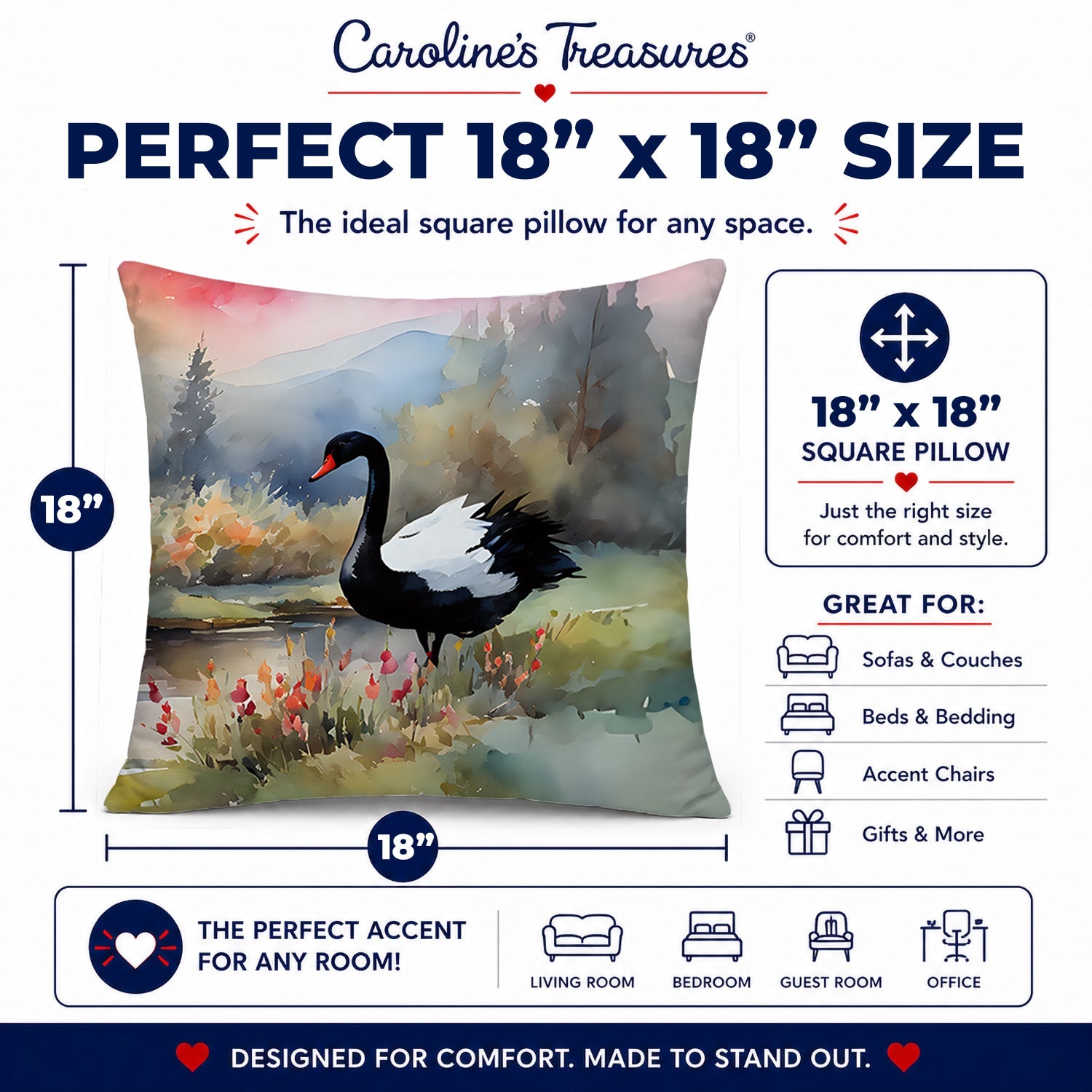 Black Swan Lake Scene Landscape Decorative Throw Pillow 18x18 Indoor Outdoor Accent Cushion, Fabric Cover with Insert for Sofa, Bed, Porch & Living Room