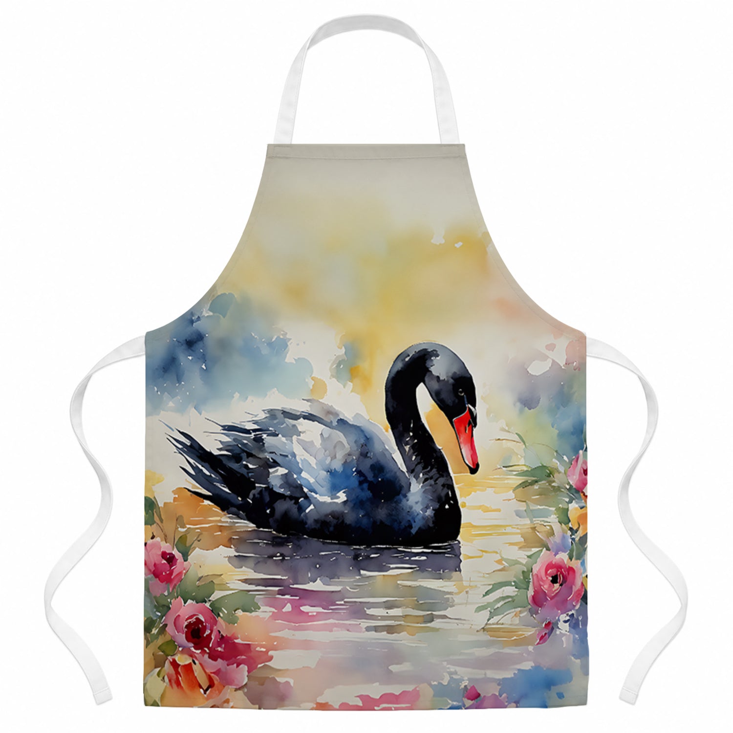 Black Swan with Flowers Elegant Watercolor Apron Cooking Kitchen Server Baking Crafts Gardening for Adult Women Men, Unisex, Large, Multicolor