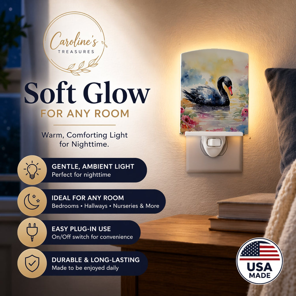 Black Swan with Flowers Elegant Watercolor Ceramic Night Light Compact, UL-Certified, Ideal for Bedroom, Bathroom, Nursery, Hallway, Kitchen, 6x4x3, Multicolor