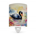 Black Swan with Flowers Elegant Watercolor Ceramic Night Light Compact, UL-Certified, Ideal for Bedroom, Bathroom, Nursery, Hallway, Kitchen, 6x4x3, Multicolor
