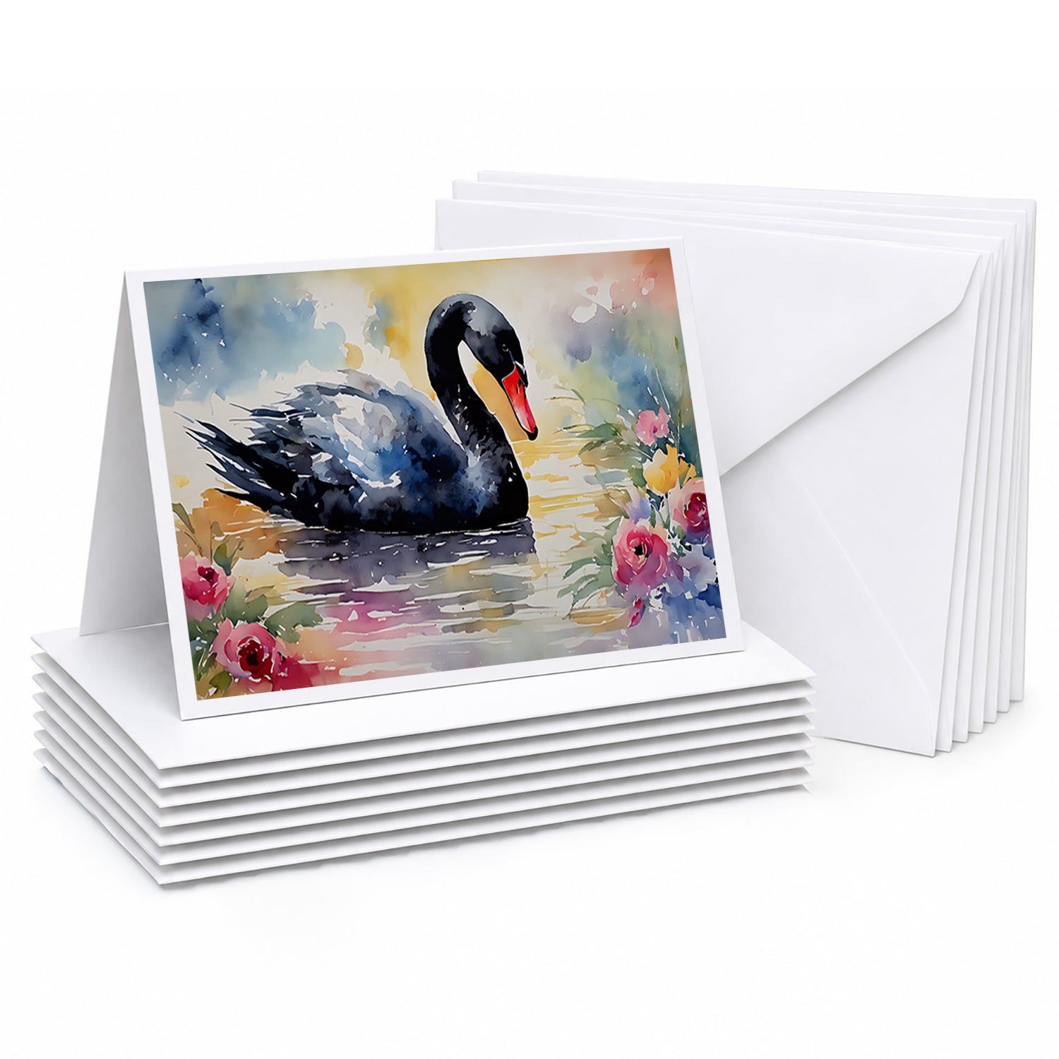 Black Swan with Flowers Elegant Watercolor Greeting Cards Pack of 8 Blank Cards with Envelopes Whimsical A7 Size 5x7