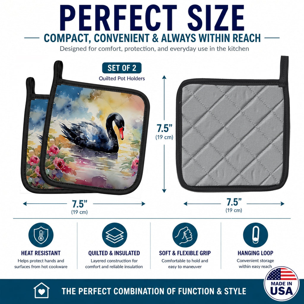 Black Swan with Flowers Elegant Watercolor Pot Holder Set of 2 Heat Resistant Quilted Hot Pads 7.5 x 7.5 Inch, Insulated Kitchen Trivets for Cooking & Baking