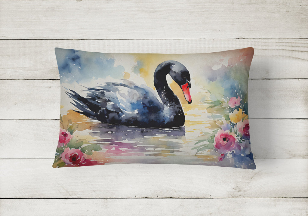 Black Swan with Flowers Elegant Watercolor Decorative Throw Pillow 12x16 Indoor Outdoor Accent Cushion, Fabric Cover with Insert for Sofa, Bed, Porch & Living Room