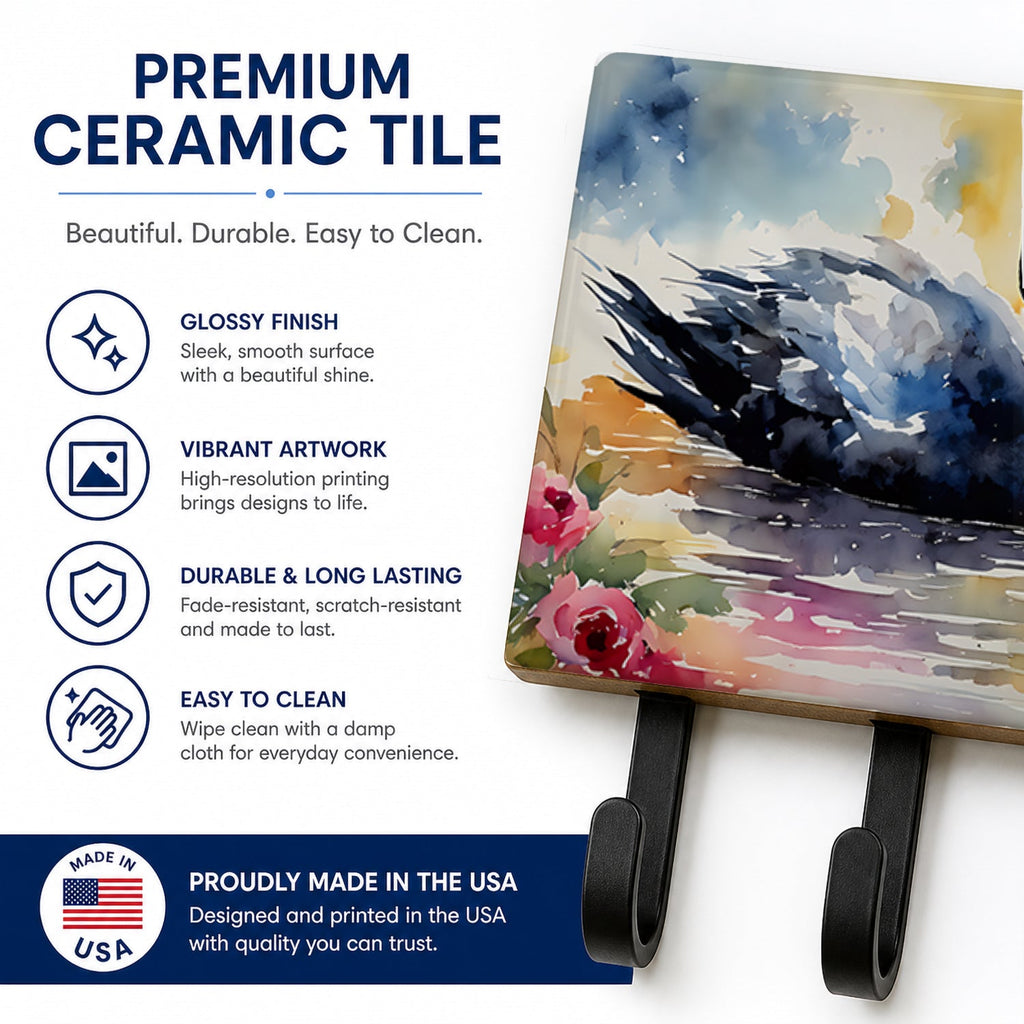 Black Swan with Flowers Elegant Watercolor Leash or Key Holder Wall Hooks, Coat Rack Wall Mount, for Hanging Keys, Towels, Aprons, Leashes