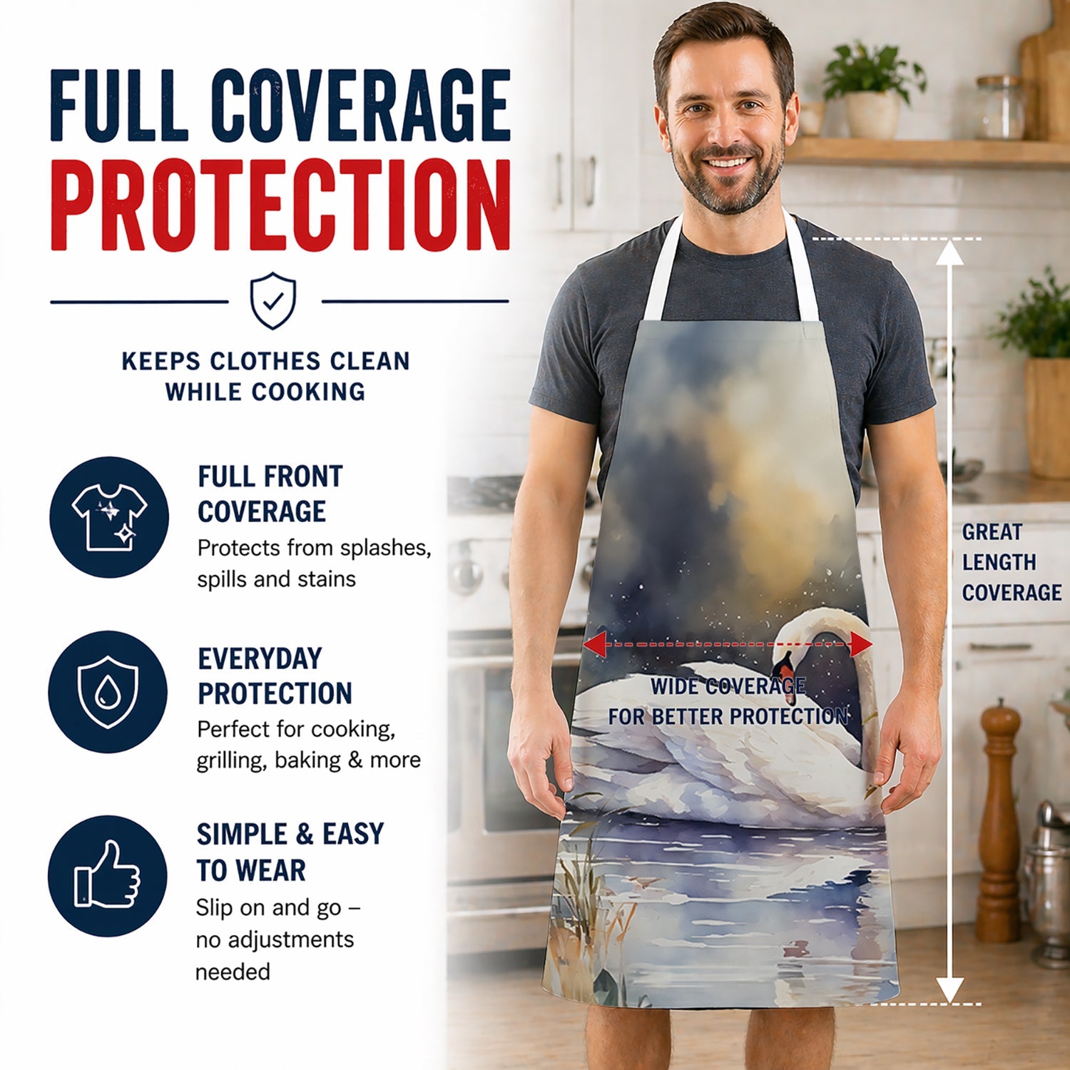 White Swan Swimming Peaceful Watercolor Apron Cooking Kitchen Server Baking Crafts Gardening for Adult Women Men, Unisex, Large, Multicolor