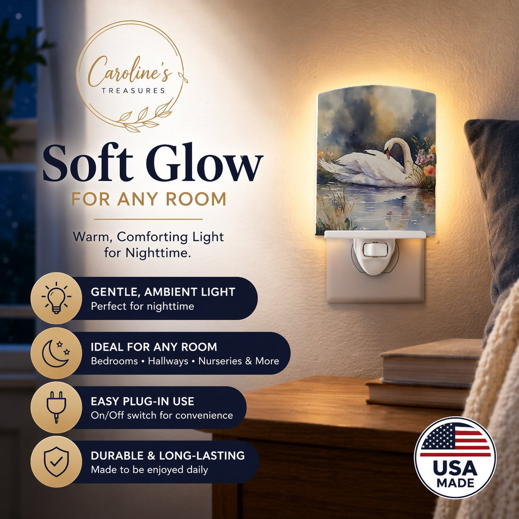 White Swan Swimming Peaceful Watercolor Ceramic Night Light Compact, UL-Certified, Ideal for Bedroom, Bathroom, Nursery, Hallway, Kitchen, 6x4x3, Multicolor