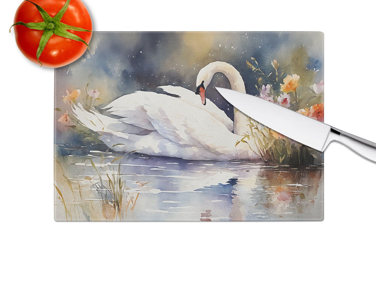 White Swan Swimming Peaceful Watercolor Cutting Board Tempered Glass Kitchen Cutting Surface, Heat Resistant Chopping, Non-Slip Feet, Food Prep & Serving
