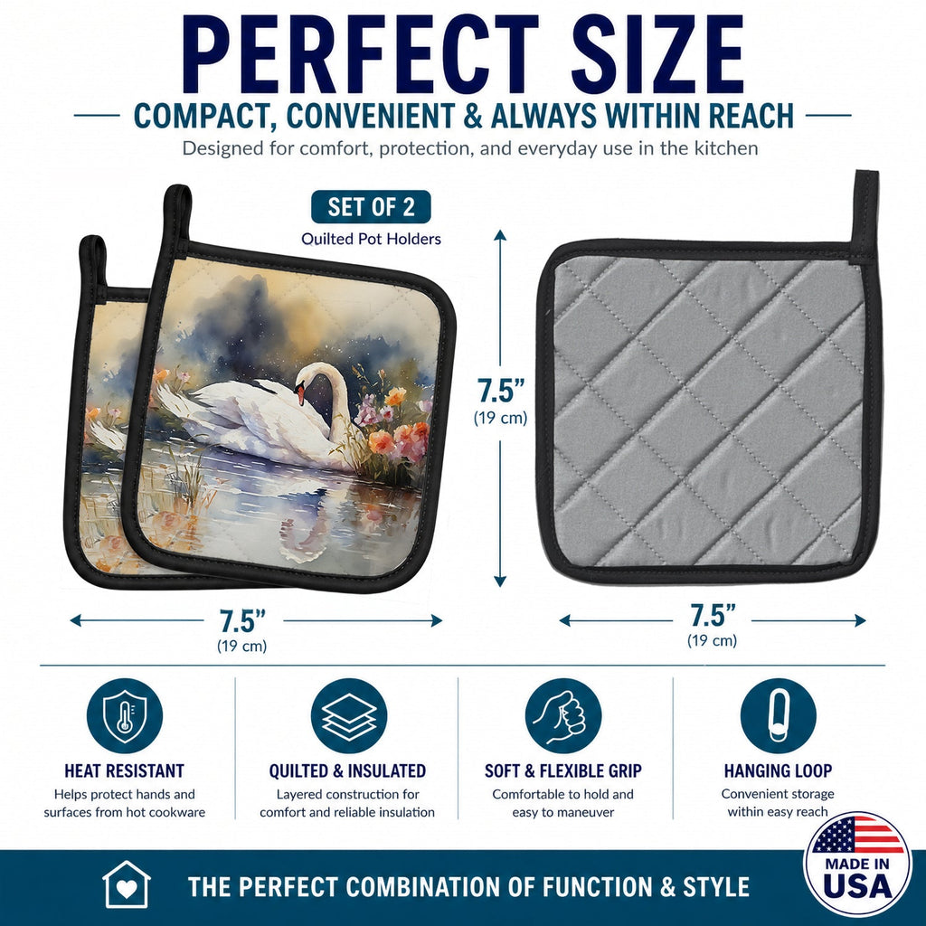 White Swan Swimming Peaceful Watercolor Pot Holder Set of 2 Heat Resistant Quilted Hot Pads 7.5 x 7.5 Inch, Insulated Kitchen Trivets for Cooking & Baking