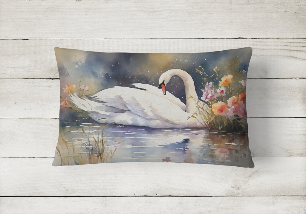 White Swan Swimming Peaceful Watercolor Decorative Throw Pillow 12x16 Indoor Outdoor Accent Cushion, Fabric Cover with Insert for Sofa, Bed, Porch & Living Room