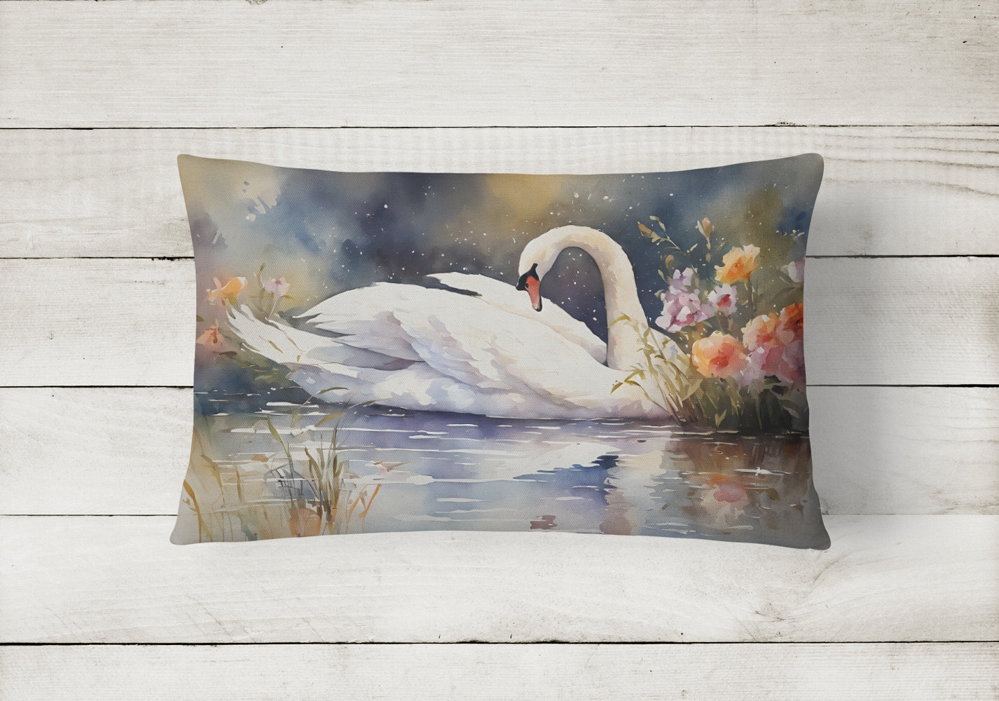 White Swan Swimming Peaceful Watercolor Decorative Throw Pillow 12x16 Indoor Outdoor Accent Cushion, Fabric Cover with Insert for Sofa, Bed, Porch & Living Room