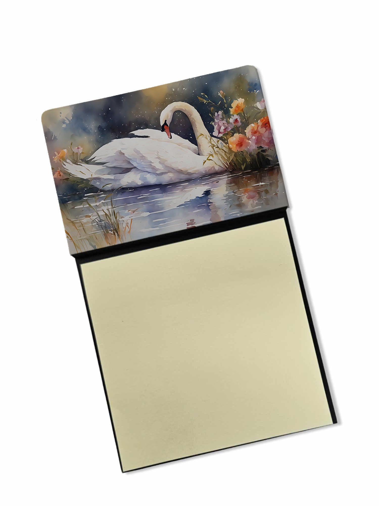 White Swan Swimming Peaceful Watercolor Watercolor Sticky Note Holder Refillable Dispenser Desk Accessory 3x3 Pad Gift
