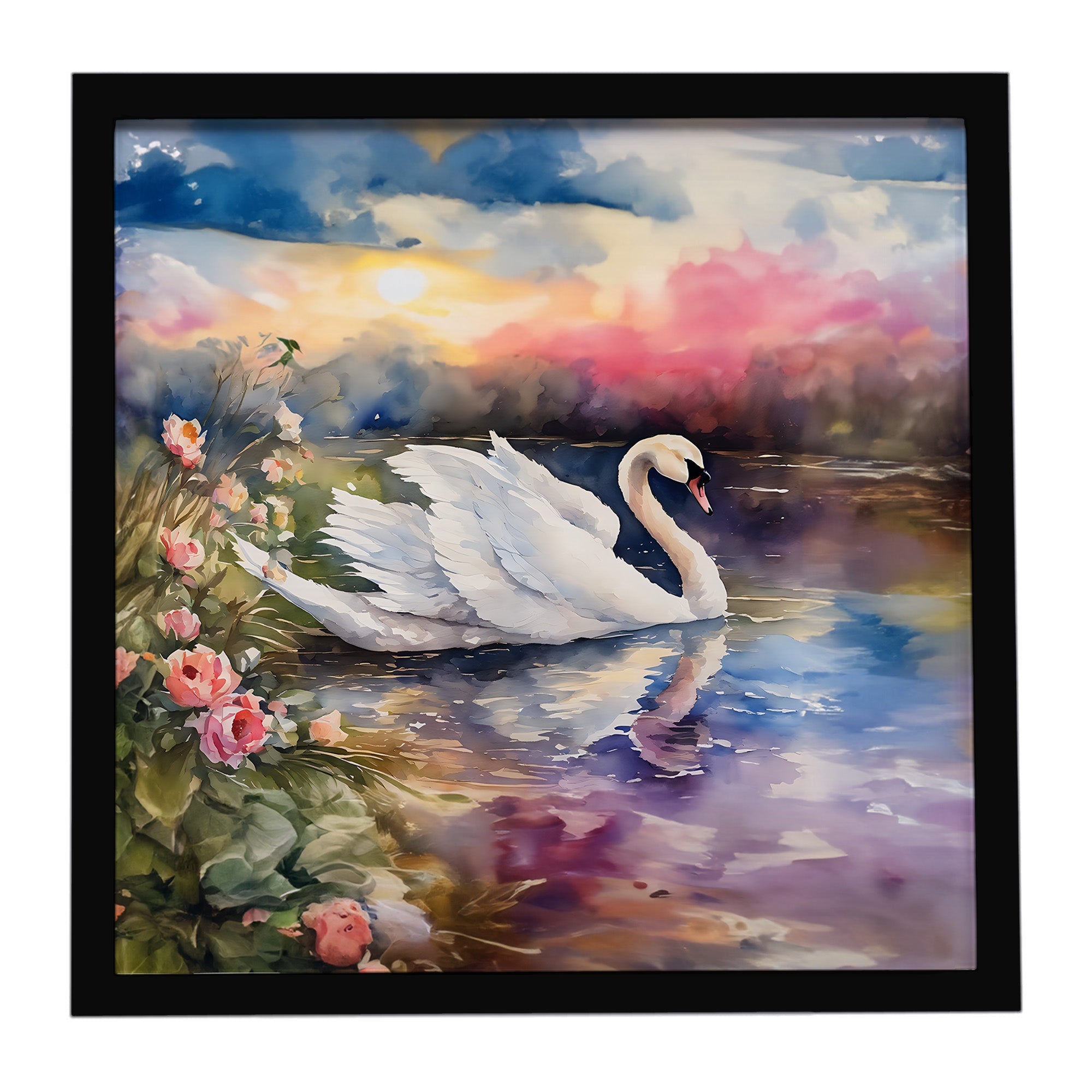 White Swan with Flowers Peaceful Watercolor Framed Metal Print Bathroom, Kitchen, Office, Home Decor Wall Art Ready to Hang, Square, 8X8