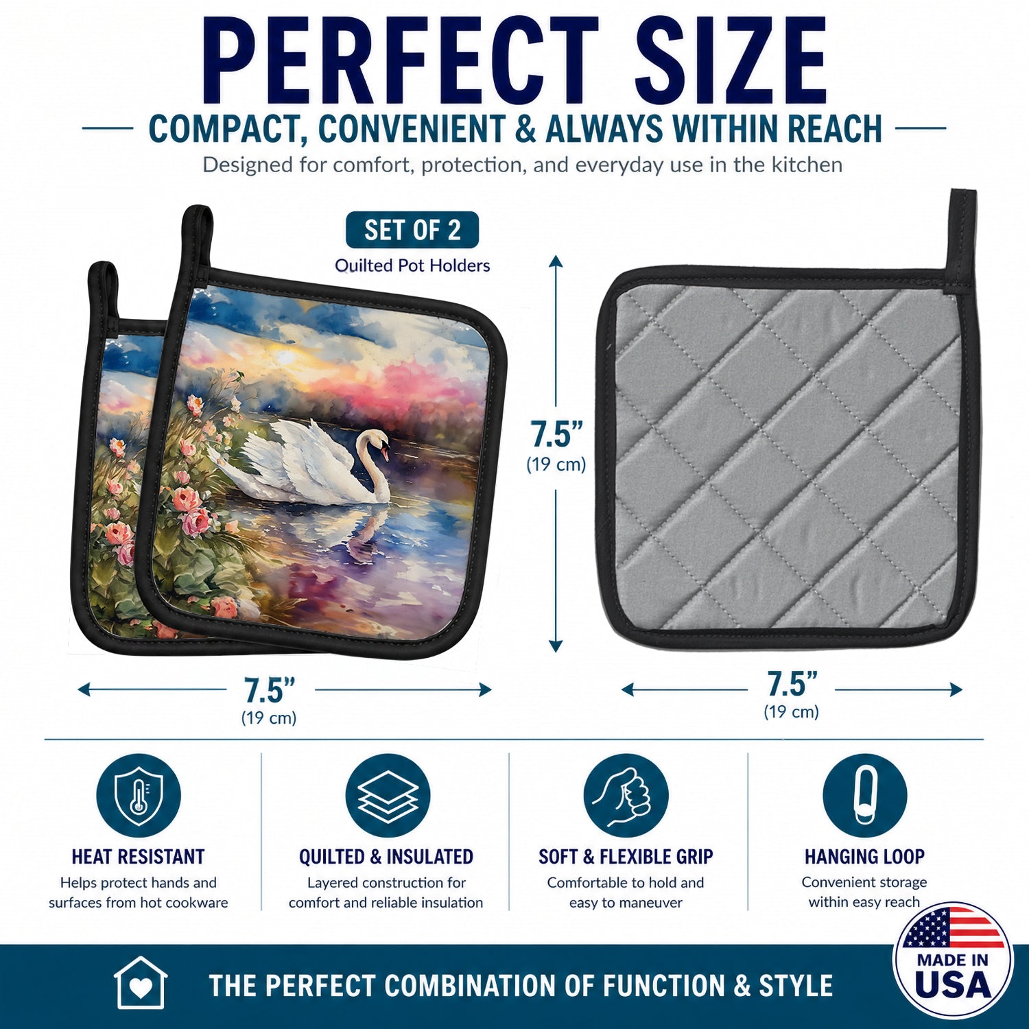 White Swan with Flowers Peaceful Watercolor Pot Holder Set of 2 Heat Resistant Quilted Hot Pads 7.5 x 7.5 Inch, Insulated Kitchen Trivets for Cooking & Baking