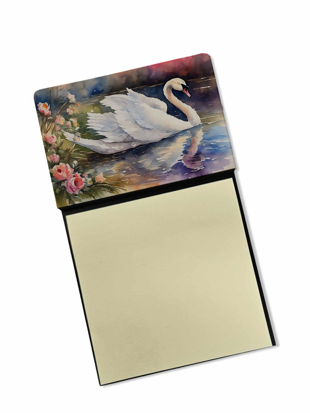 White Swan with Flowers Peaceful Watercolor Watercolor Sticky Note Holder Refillable Dispenser Desk Accessory 3x3 Pad Gift