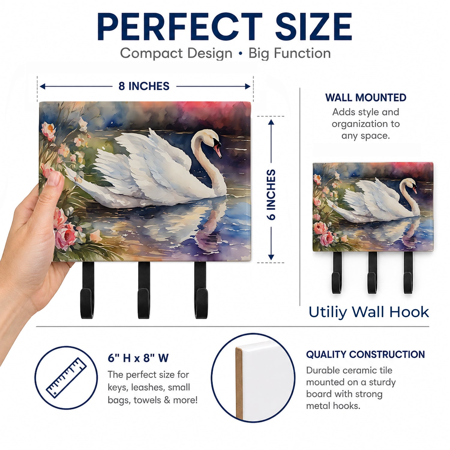 White Swan with Flowers Peaceful Watercolor Leash or Key Holder Wall Hooks, Coat Rack Wall Mount, for Hanging Keys, Towels, Aprons, Leashes