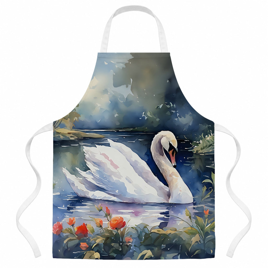 White Swan Lake with Flowers Watercolor Apron Cooking Kitchen Server Baking Crafts Gardening for Adult Women Men, Unisex, Large, Multicolor