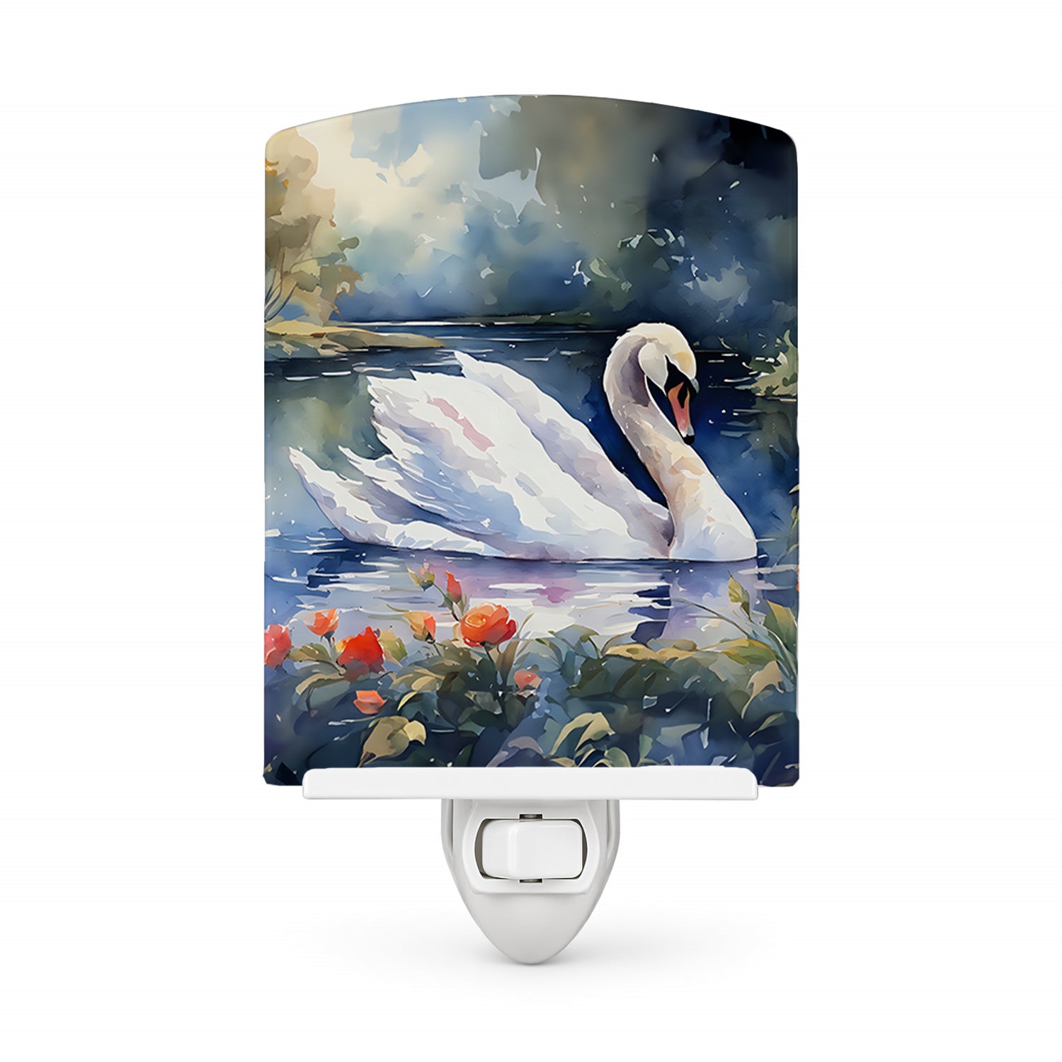 White Swan Lake with Flowers Watercolor Ceramic Night Light Compact, UL-Certified, Ideal for Bedroom, Bathroom, Nursery, Hallway, Kitchen, 6x4x3, Multicolor