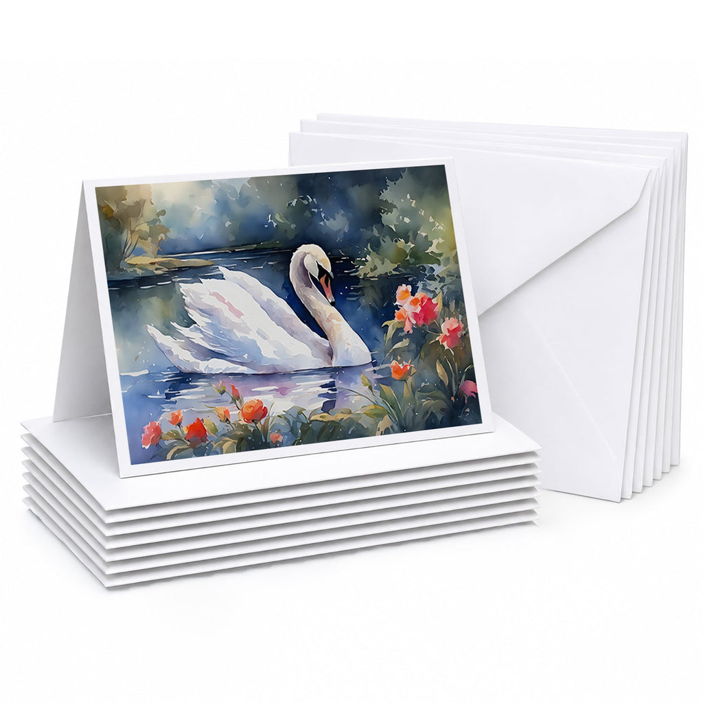 White Swan Lake with Flowers Watercolor Greeting Cards Pack of 8 Blank Cards with Envelopes Whimsical A7 Size 5x7