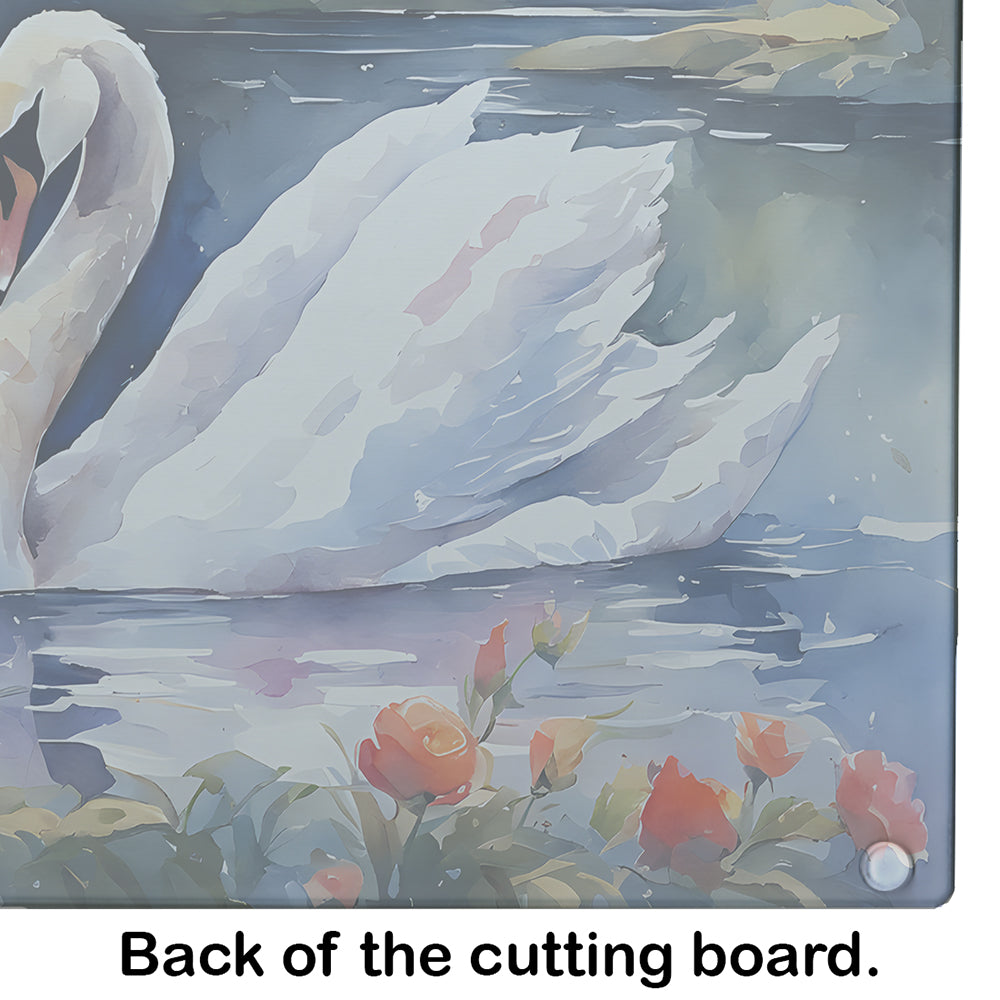White Swan Lake with Flowers Watercolor Cutting Board Tempered Glass Kitchen Cutting Surface, Heat Resistant Chopping, Non-Slip Feet, Food Prep & Serving