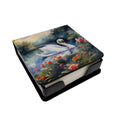 White Swan Lake with Flowers Watercolor PU Leather Note Paper Holder with Artist-Designed Cover, Desk Accessory, Office Gift