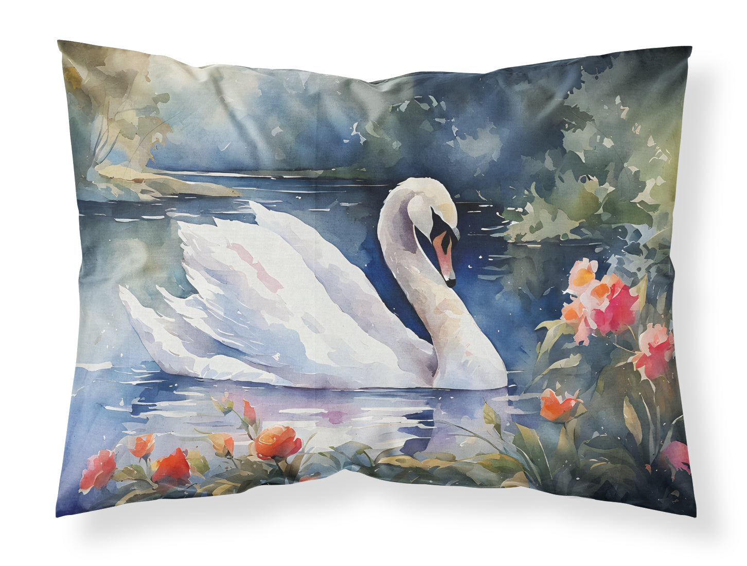 White Swan Lake with Flowers Watercolor Standard Pillowcase Lightweight Super Soft Easy Care Decorative Artwork Pillowcase, Standard