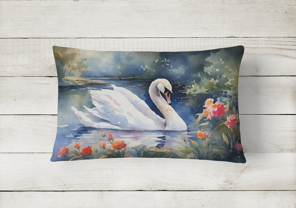 White Swan Lake with Flowers Watercolor Decorative Throw Pillow 12x16 Indoor Outdoor Accent Cushion, Fabric Cover with Insert for Sofa, Bed, Porch & Living Room