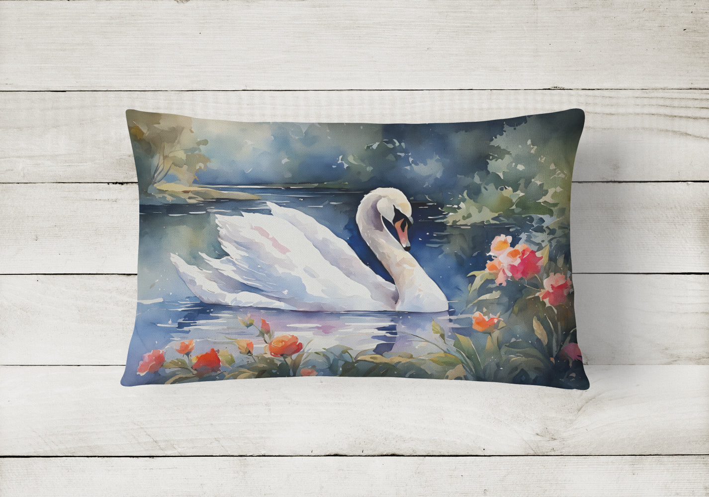 White Swan Lake with Flowers Watercolor Decorative Throw Pillow 12x16 Indoor Outdoor Accent Cushion, Fabric Cover with Insert for Sofa, Bed, Porch & Living Room