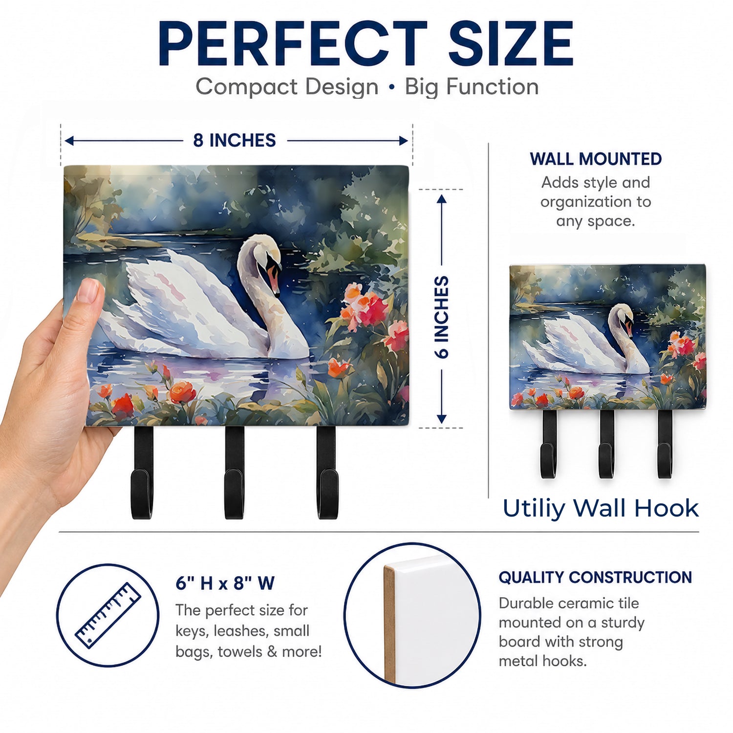 White Swan Lake with Flowers Watercolor Leash or Key Holder Wall Hooks, Coat Rack Wall Mount, for Hanging Keys, Towels, Aprons, Leashes
