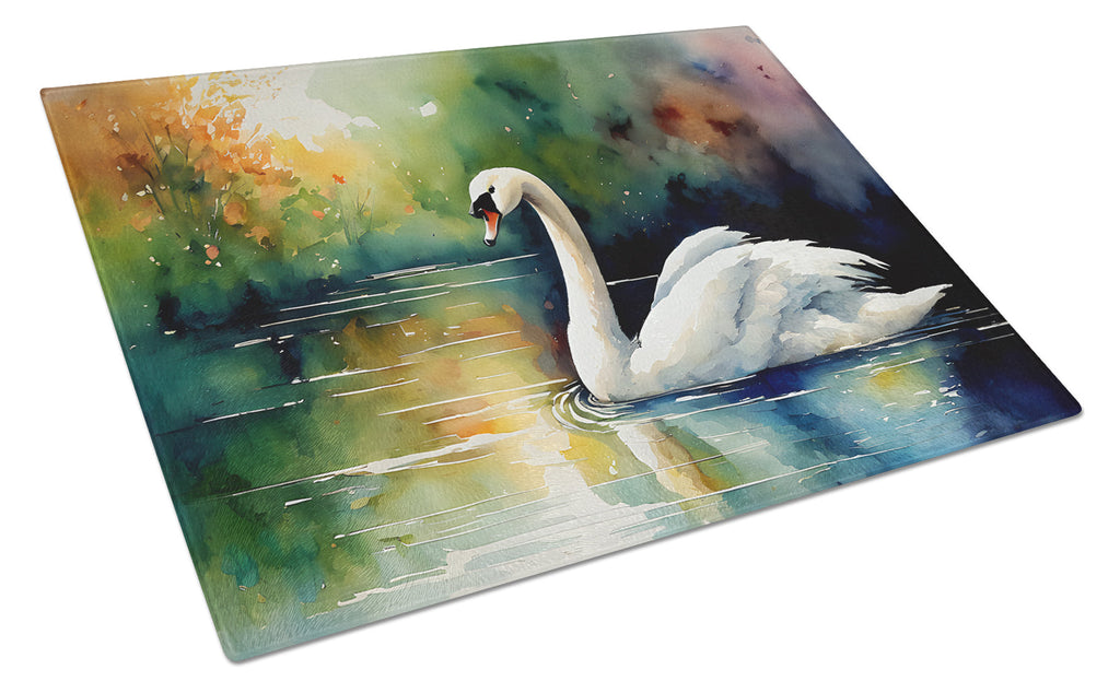 White Swan Swimming Calm Water Watercolor Cutting Board Tempered Glass Kitchen Cutting Surface, Heat Resistant Chopping, Non-Slip Feet, Food Prep & Serving