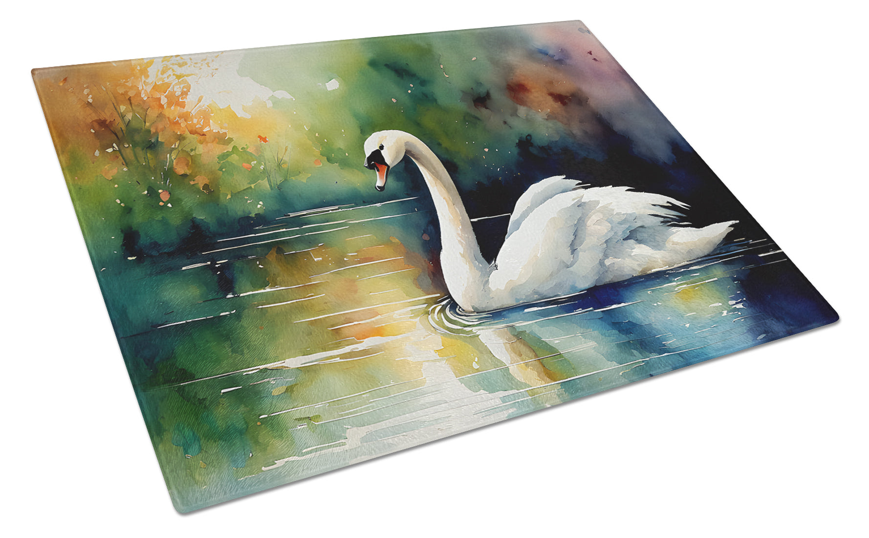 White Swan Swimming Calm Water Watercolor Cutting Board Tempered Glass Kitchen Cutting Surface, Heat Resistant Chopping, Non-Slip Feet, Food Prep & Serving